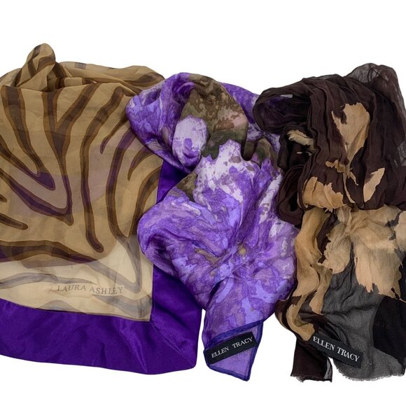 Lot of THREE Silk Scarves Ellen Tracy, Laura Ashley Purples And Beige - Picture 1 of 10